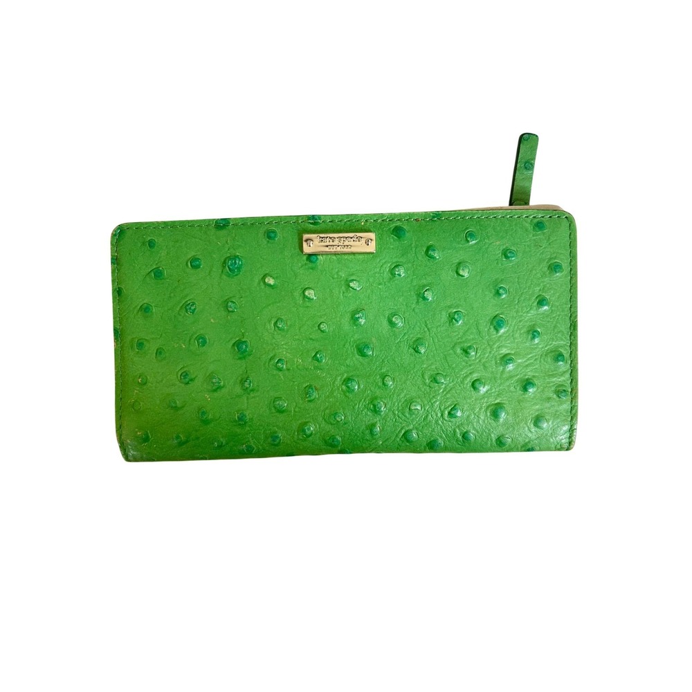 Kate Spade Green Ostrich Embossed Leather Bifold Wallet Large Organizer